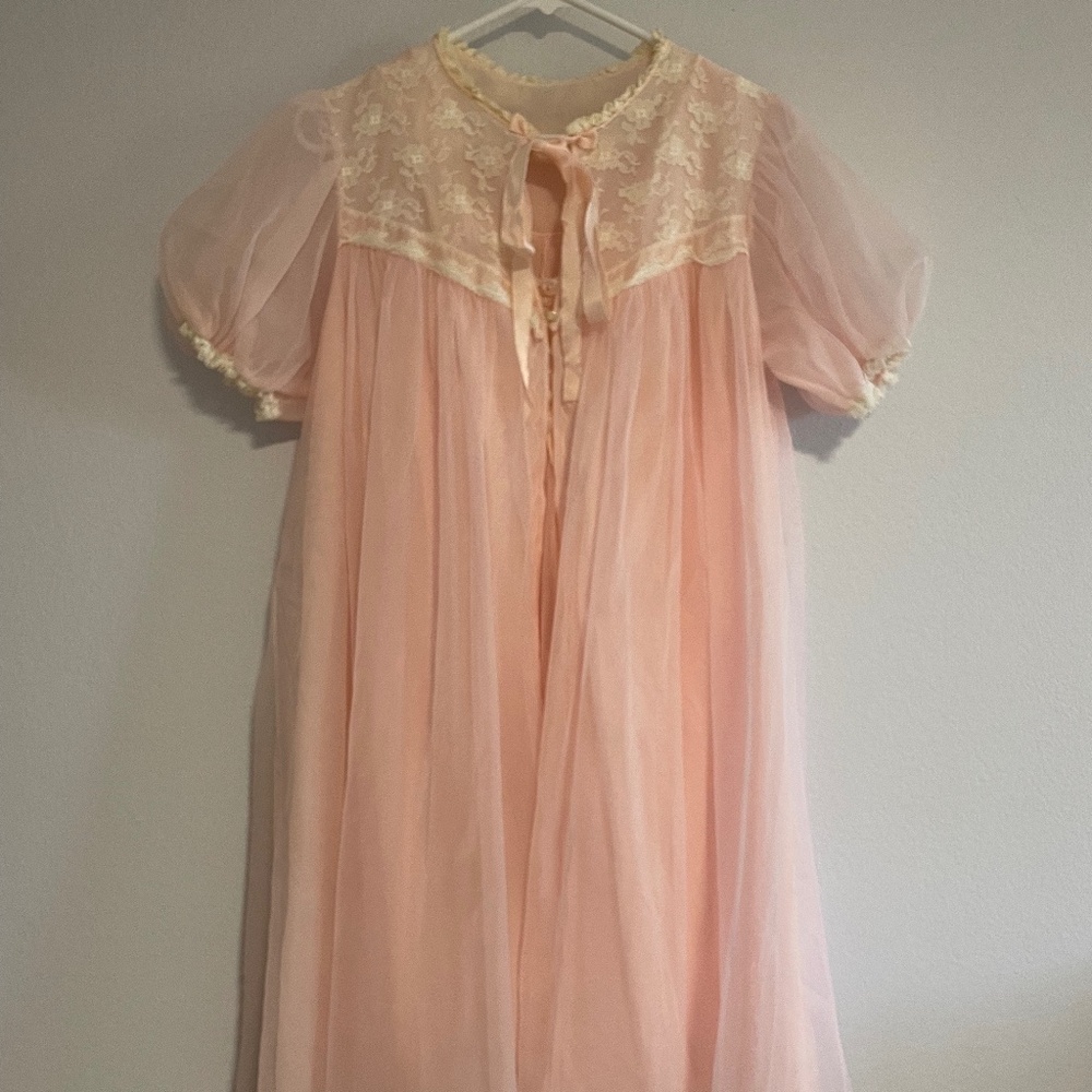 Vintage Nylon Peignoir Nightgown Set Pink and White Lace Babydoll